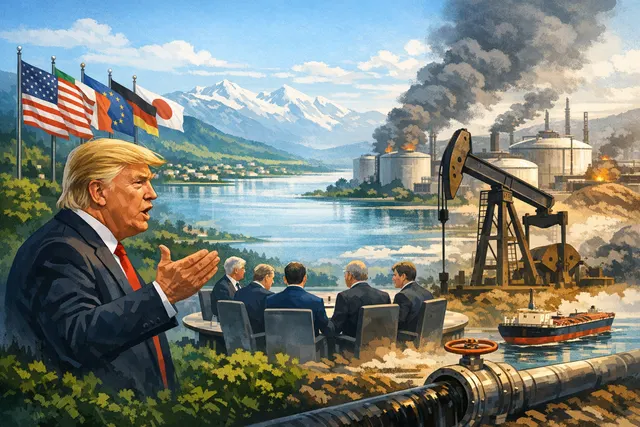 G7 leaders at the Évian-les-Bains summit, June 2026, discussing Ukraine and sanctions on Russia