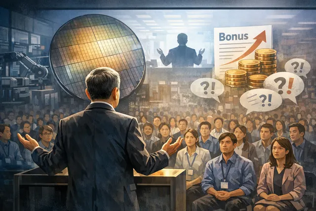 TSMC CEO C.C. Wei addresses employees at an emergency town hall meeting on May 27, 2026, pledging a 30% bonus increase amid strike threats.