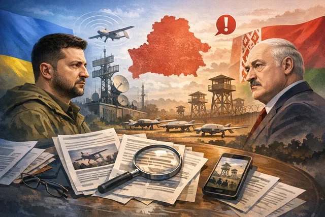 AI-generated editorial visual for Zelensky's ultimatum to Lukashenko over Russian drone relay stations in Belarus