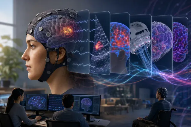 Editorial illustration of a non-invasive brain-computer interface connecting neural signals with digital rehabilitation feedback