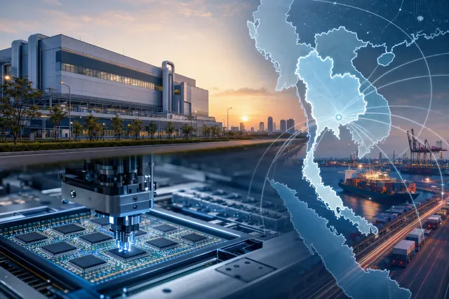 AI-generated editorial illustration representing a semiconductor manufacturing facility near Bangkok