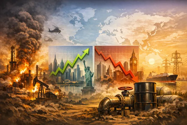 Graphical chart showing diverging economic trend lines for the US, Asia, and Eurozone, with a backdrop of a shipping route map and an oil barrel, representing the impact of Middle