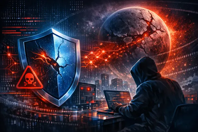 Abstract digital artwork depicting a dark planet eclipsing a Windows-style security shield, symbolizing the RoguePlanet zero-day exploit.