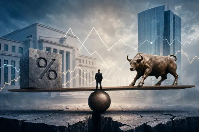 Editorial illustration of market volatility, interest rates and commodity-price pressure