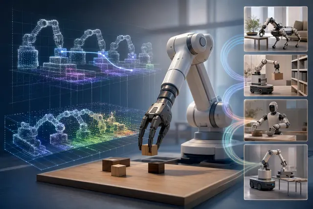 AI-generated editorial illustration accompanying an article about HERON-CRA robot learning