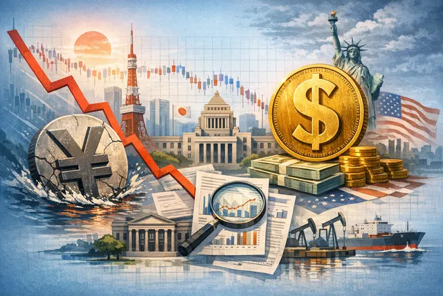 Japanese yen banknotes arranged around a US dollar bill with a downward-trending chart and data visualization showing the yen's 40-year low against the dollar