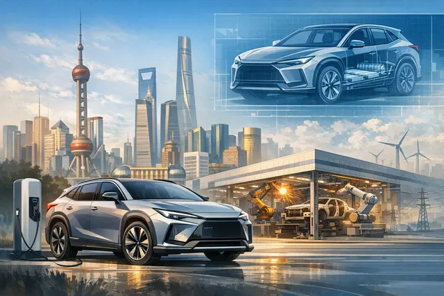 Conceptual illustration of Toyota’s China-first Lexus electric SUV strategy and Shanghai EV factory