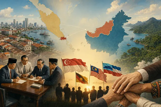 Illustration representing Singapore’s 1963 merger with Malaya, Sabah and Sarawak to form Malaysia