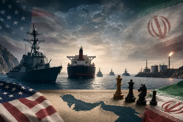 Illustration of naval vessels and commercial tankers near the Strait of Hormuz during an Iran port blockade