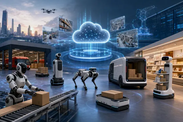 Editorial illustration representing JD Cloud's physical AI strategy, with robotics and connected physical-world systems