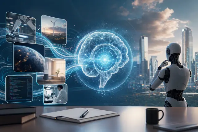 Editorial illustration representing an advanced AI system operating computer software