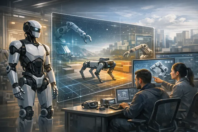 NVIDIA simulation-trained humanoid robot reaching for objects in a cluttered real-world environment, illustrating sim-to-real transfer advancements