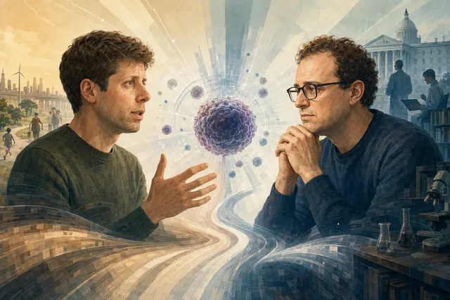 Editorial illustration about the debate over AI, cancer research, and public trust