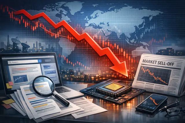 A downward trending stock market chart with news headlines about AI spending, Fed rate hikes, and semiconductor stocks displayed on multiple monitors in a dark trading floor enviro