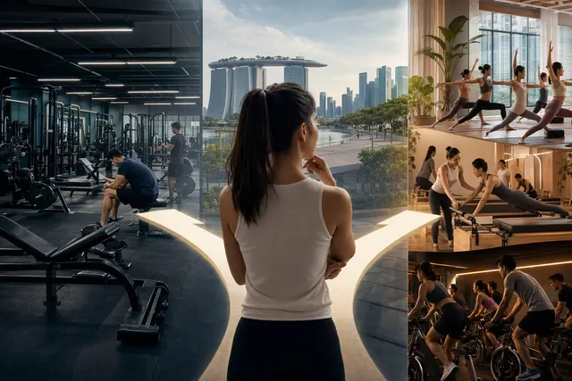 AI-generated editorial image about competition facing Singapore’s big-box gyms