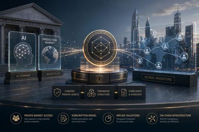 Conceptual illustration of tokenized pre‑IPO shares for Anthropic and Polymarket on a blockchain investment platform
