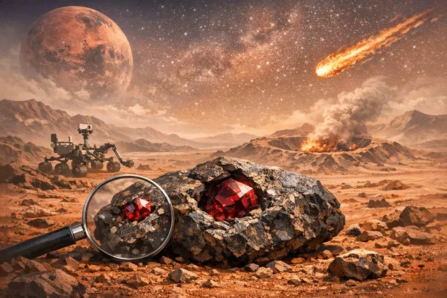 A close-up scientific illustration of the first garnet-bearing clast discovered inside the Martian meteorite NWA 8171, showing the distinct andradite and diopside mineral domains.