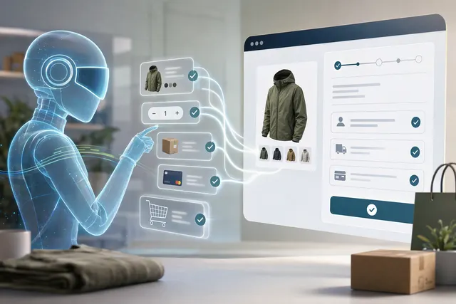 Conceptual illustration of an AI shopping agent assisting a buyer through online checkout