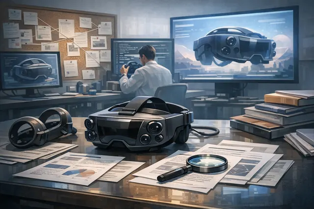 AI-generated editorial hero image of the Valve Steam Frame VR headset with an abstract Holo Core software overlay