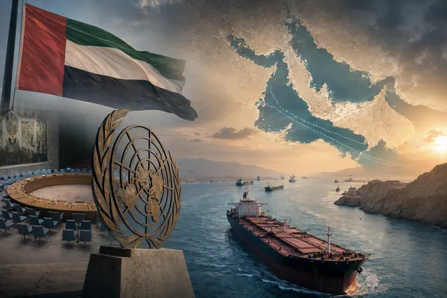 Illustration of the Strait of Hormuz crisis showing shipping disruption and geopolitical tension in the Gulf