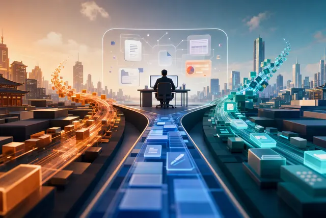Editorial illustration of China’s AI office-agent competition among Alibaba, Tencent and ByteDance