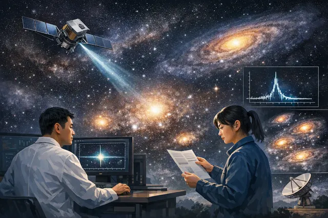 Editorial illustration of a gamma-ray signal from galaxy clusters being analysed as a possible dark-matter signature