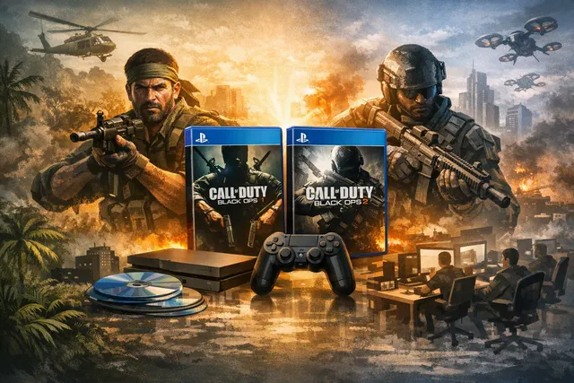 Editorial illustration of Call of Duty Black Ops 1 and 2 coming to PlayStation 4 and PlayStation 5 consoles in July 2026.