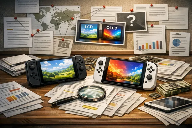 An illustration of a Nintendo Switch 2 console with a glowing display panel, representing the concept of an OLED screen upgrade.