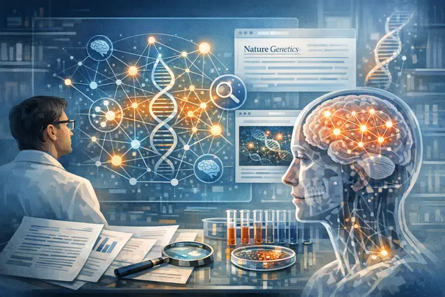 Conceptual illustration of gene network connections across a brain scan, representing long-range gene communication