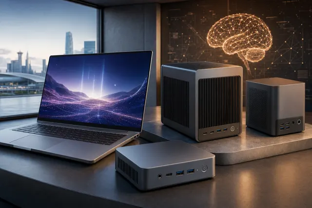 Editorial illustration of compact local-AI PCs, including a laptop, mini workstation and NAS
