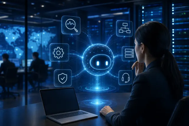 Illustration representing autonomous AI agents managing enterprise IT systems and workflows