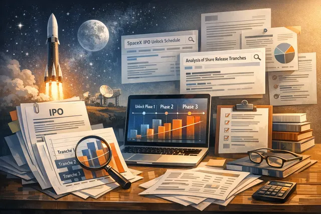 Illustration showing SpaceX IPO lockup timeline with key unlock dates and tranche percentages