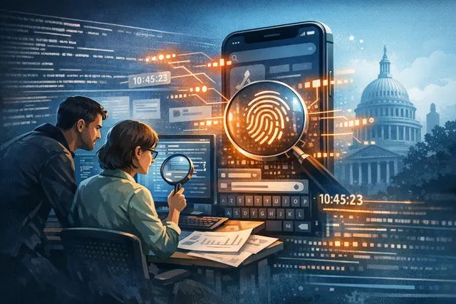 Conceptual illustration of an iPhone screen with App Store search bar and keylogging indicators, representing security researchers' discovery that Apple logs every keystroke in the