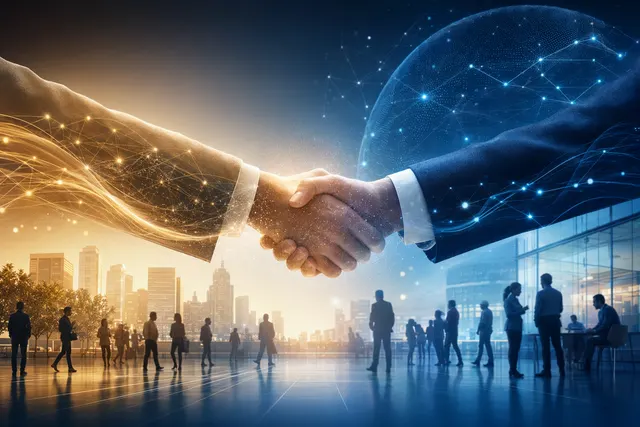 Abstract editorial illustration of AI agents connecting SAP migration workflows and Cloud ERP systems
