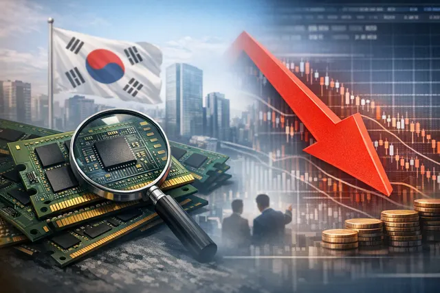 Stock market graph lines with South Korean flag and semiconductor chip icons overlaid, representing the KOSPI index and memory chip stock volatility.