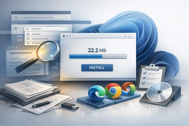 Illustration of a Windows 11 browser settings utility promoting Bing across Chrome, Firefox and Brave