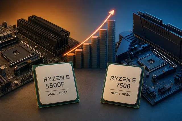 Editorial illustration of AMD Ryzen processors representing AM4 DDR4 and AM5 DDR5 upgrade paths