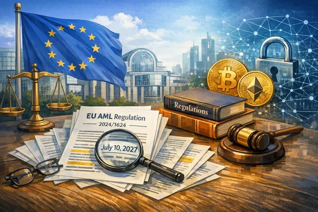 Abstract illustration representing EU crypto regulation: a gavel and blockchain network with a European Union flag background, symbolizing the new anti-money laundering rules takin