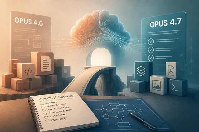 開發者檢查 Claude Opus 4.7 遷移 workflow、API 參數與 token 成本的抽象示意圖