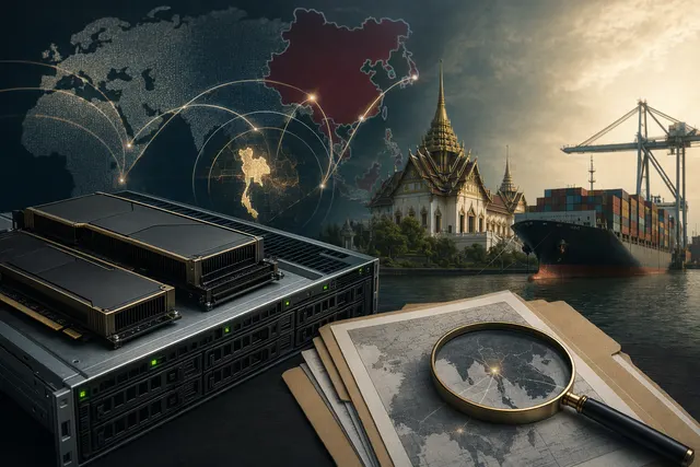 Editorial illustration of AI servers, semiconductor chips and trade-route lines representing Nvidia chip-smuggling allegations involving Thailand and China