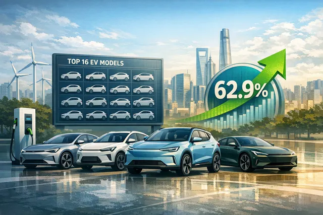 China EV market milestone: Electric cars fill a futuristic showroom floor, representing the historic first month where all top 16 best-selling models were NEVs.