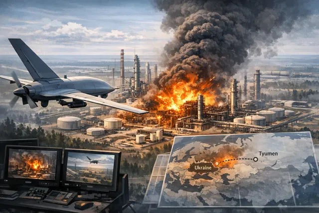 AI-generated illustration of a drone strike on an oil refinery in Siberia