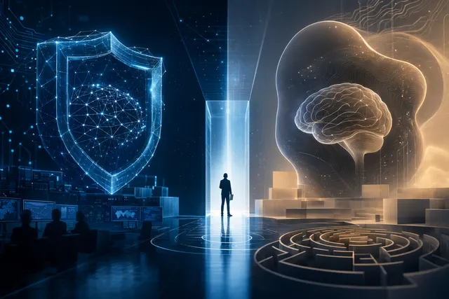 AI-generated illustration of advanced AI systems helping cybersecurity defenders protect a network