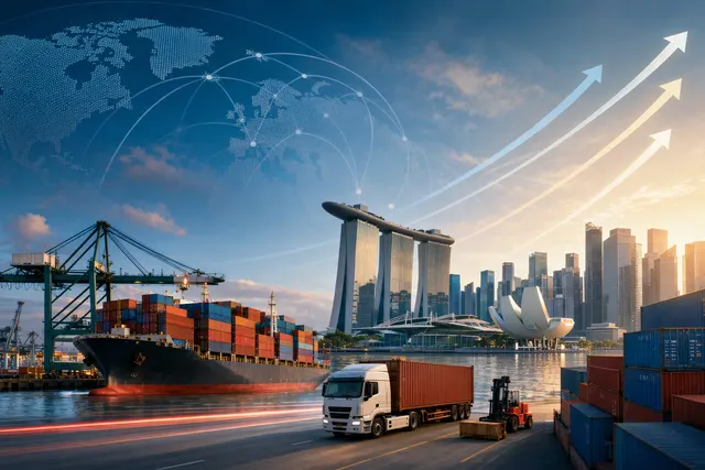 AI-generated illustration accompanying Singapore’s August 2026 trade report