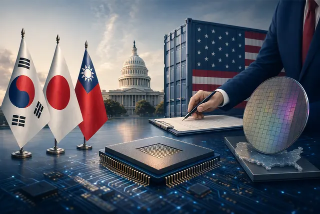 Illustration of semiconductor trade tensions between the United States, South Korea, Japan and Taiwan