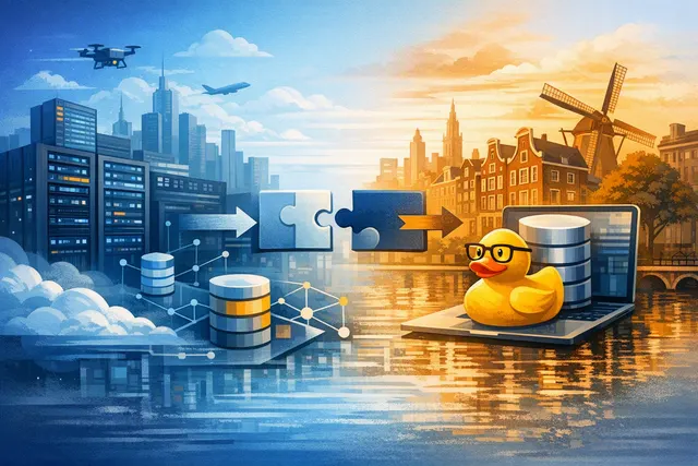 Editorial illustration of AWS acquiring DuckLabs while DuckDB remains an independent open-source project