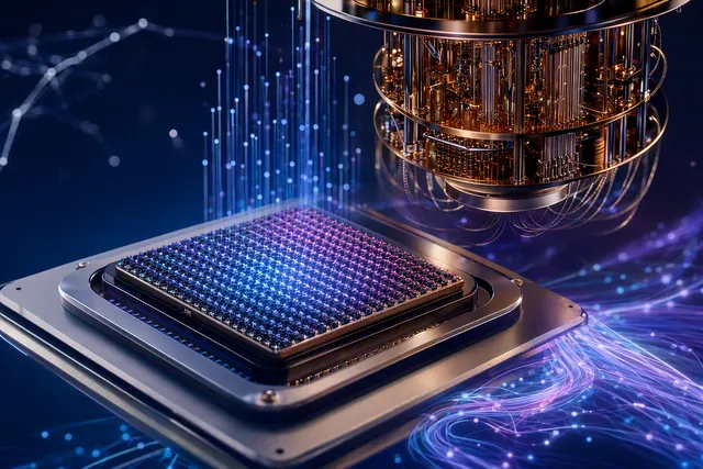 Editorial illustration of IBM Nighthawk r2 quantum processor throughput and qubit reset