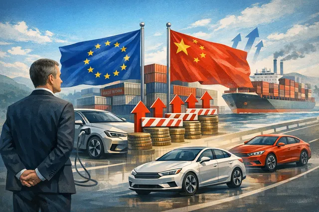 Volkswagen CEO Oliver Blume speaking at an earnings call in 2026, with charts showing Chinese market share growth and the Tiguan PHEV's decline.