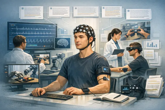 Illustration of a brain wave headset and robotic arm collecting training data for physical AI