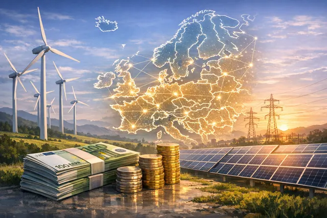 Nadara wind turbines and solar panels at sunset representing the 1.5 GW pan-European renewable portfolio refinanced through a €1.2 billion platform deal.